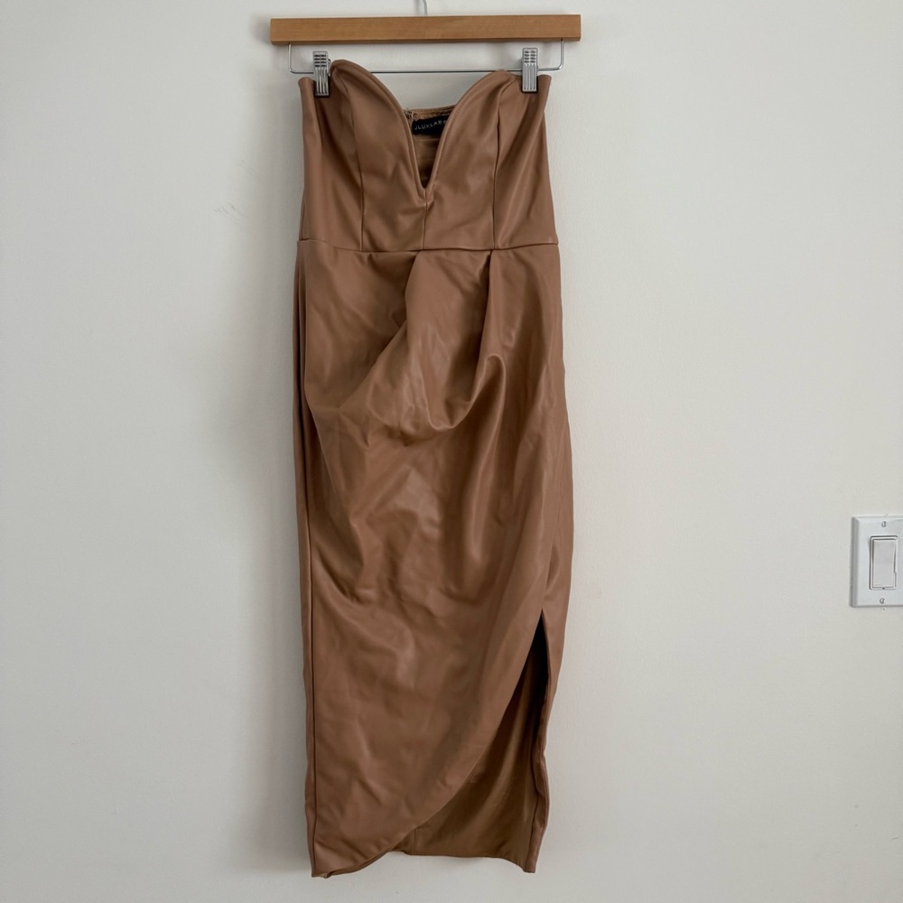 JLUXLABEL Faux Leather Beige Slip Strapless Dress Size S